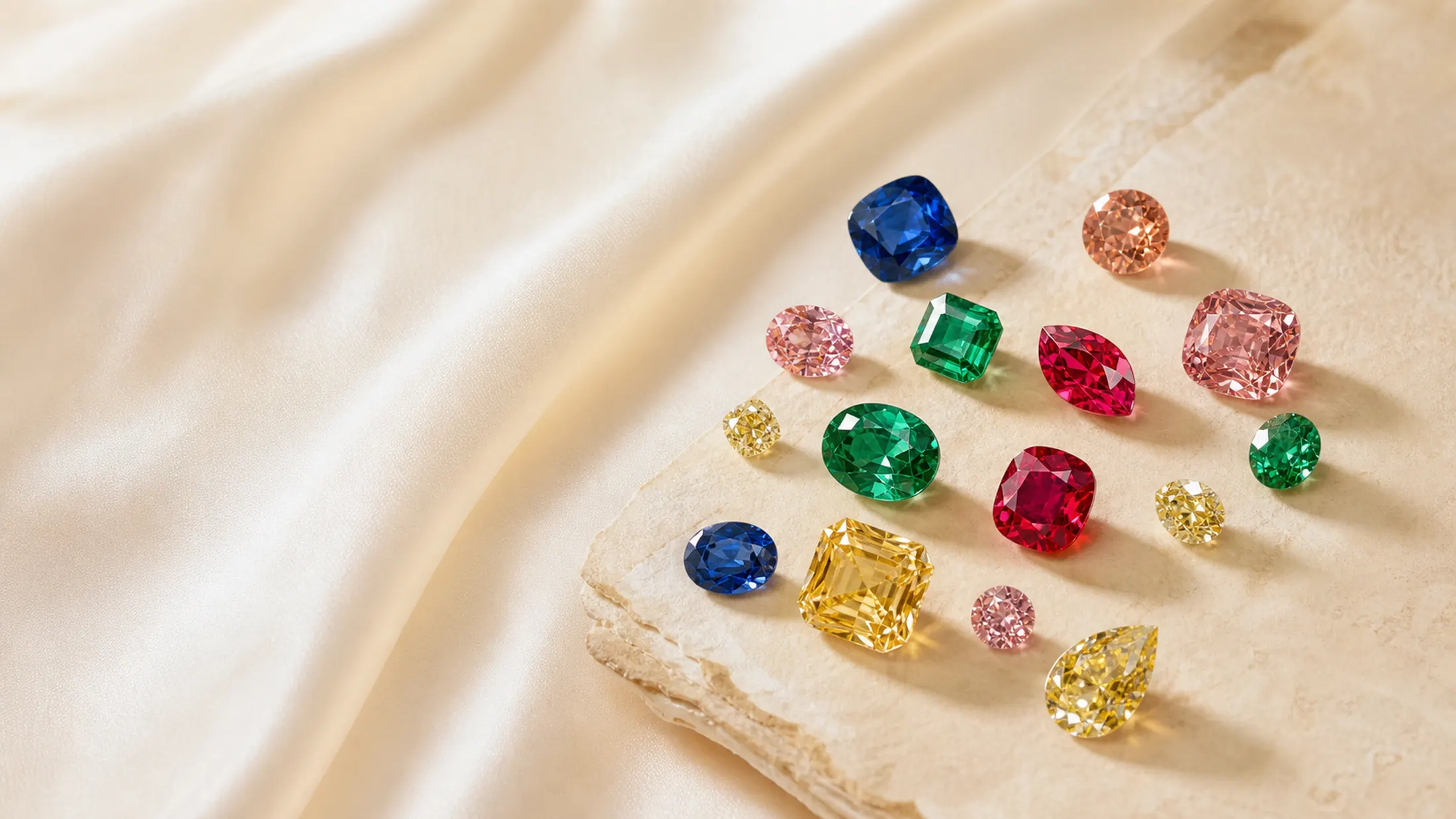 Rare coloured gemstones arranged as a luminous maison study