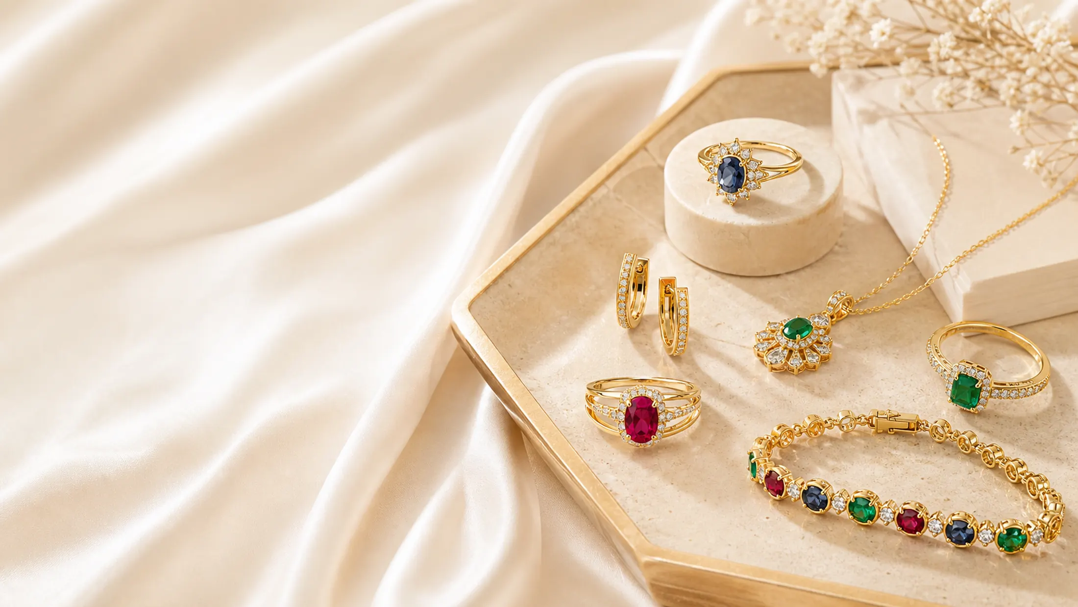 Fine jewellery creations composed on a warm atelier surface