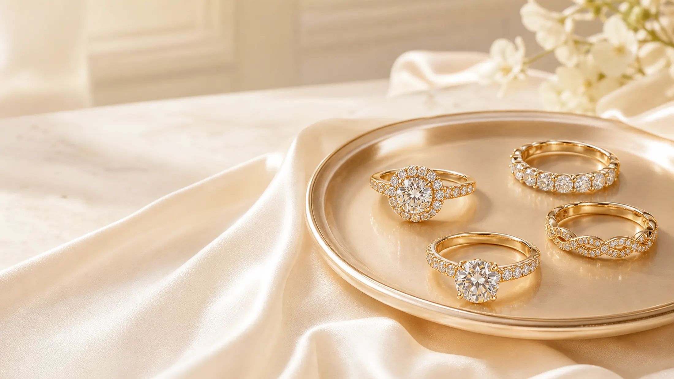 Diamond bridal creations arranged with soft ceremonial light
