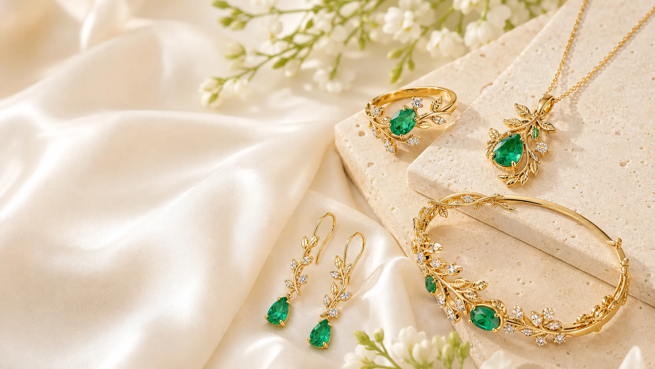 Emerald botanical jewellery mood with green stone and diamond light