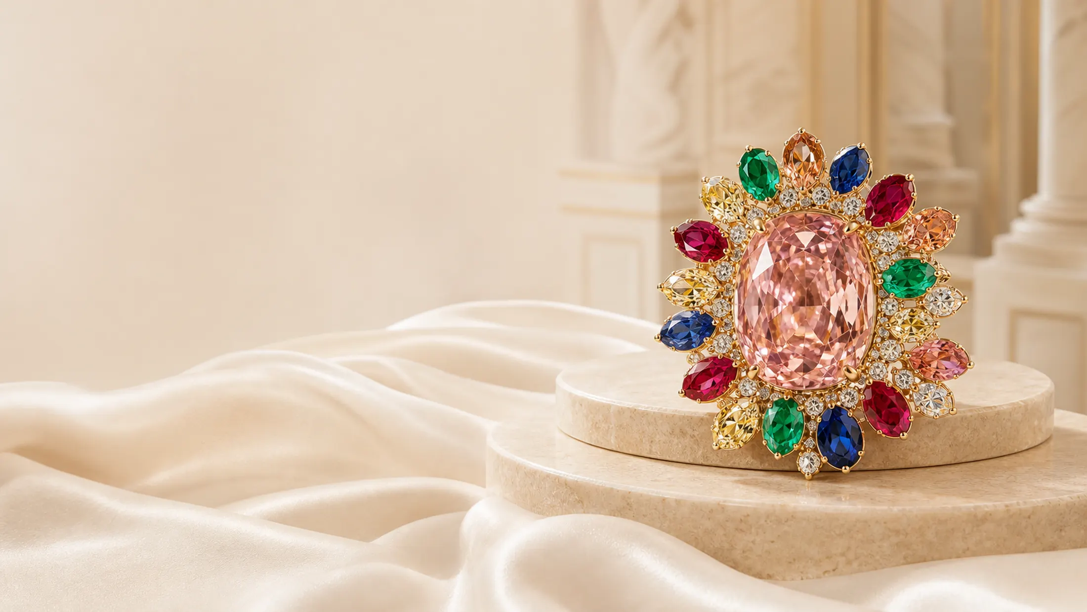 Singular high jewellery creation composed around rare coloured stones