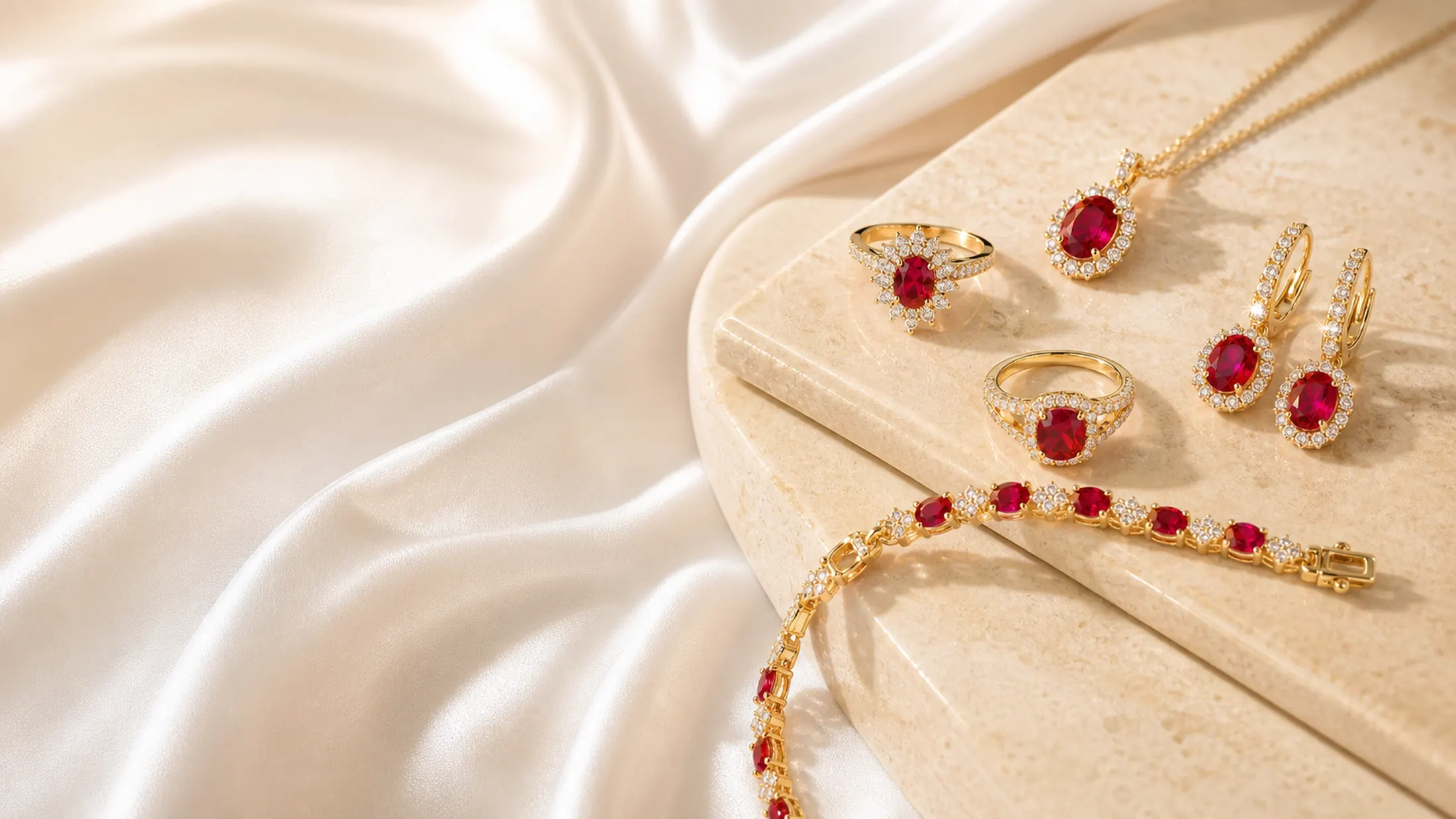 Ruby and diamond composition glowing with warm maison light