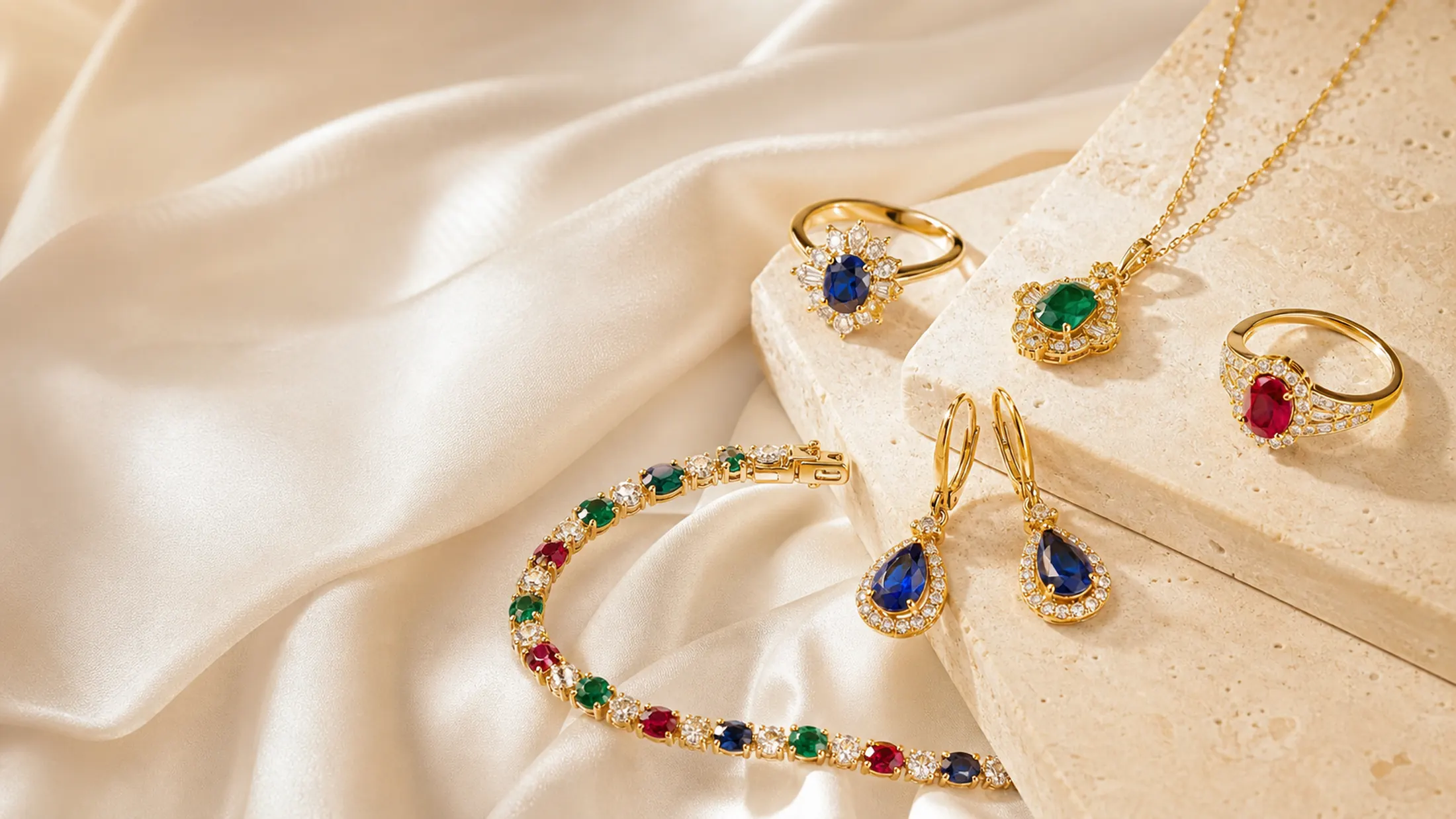 Maison jewellery creations arranged as a refined collection still life