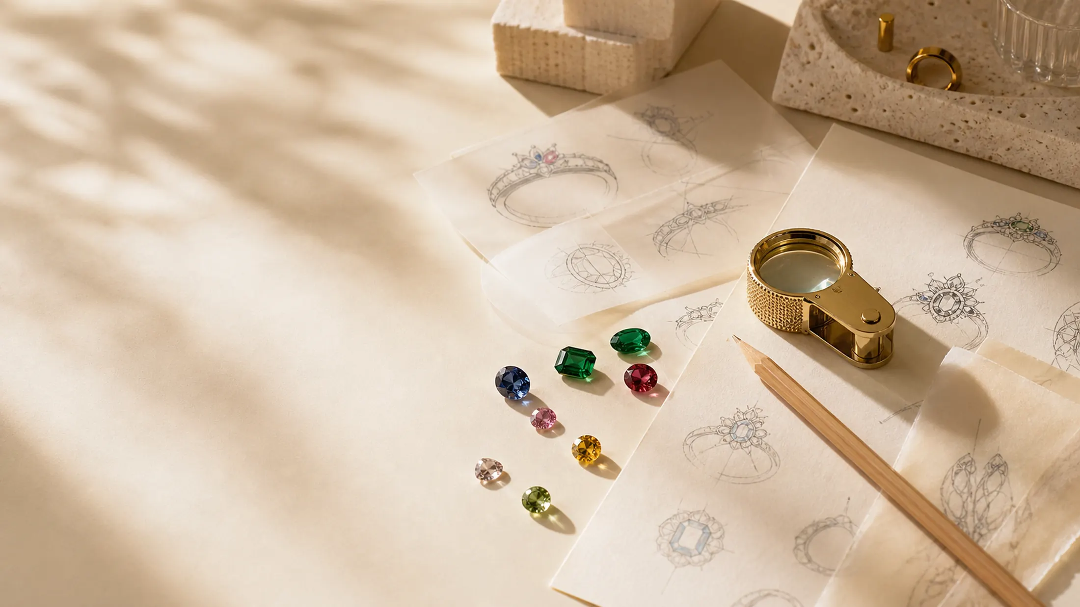 Editorial gemstone notes, sketches, and jewel studies on an atelier table