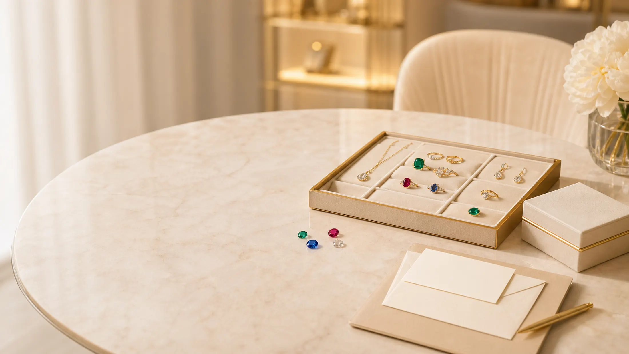 Private jewellery appointment table with a tray and soft salon light