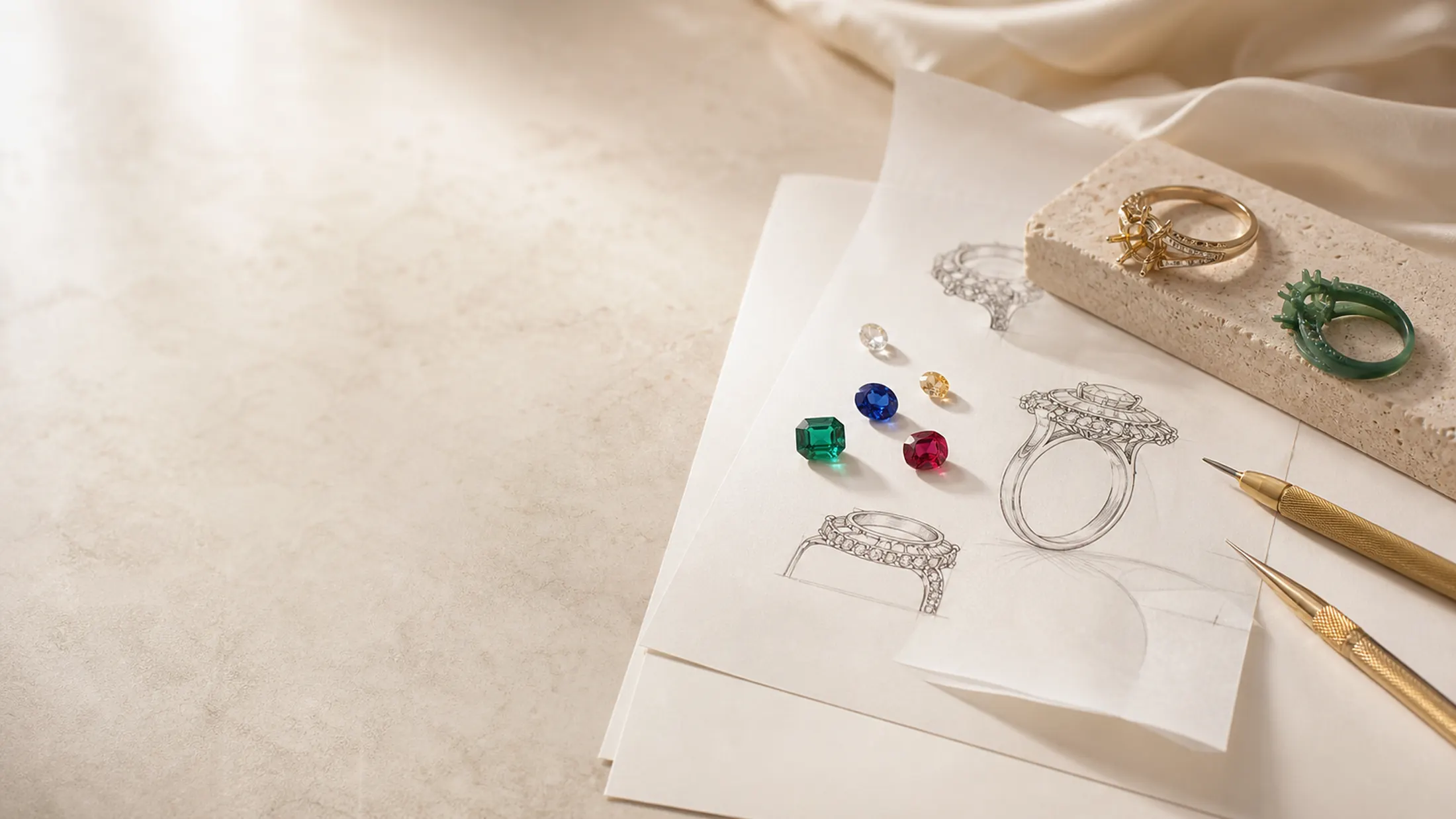 Bespoke jewellery sketches and selected gemstones in a private atelier