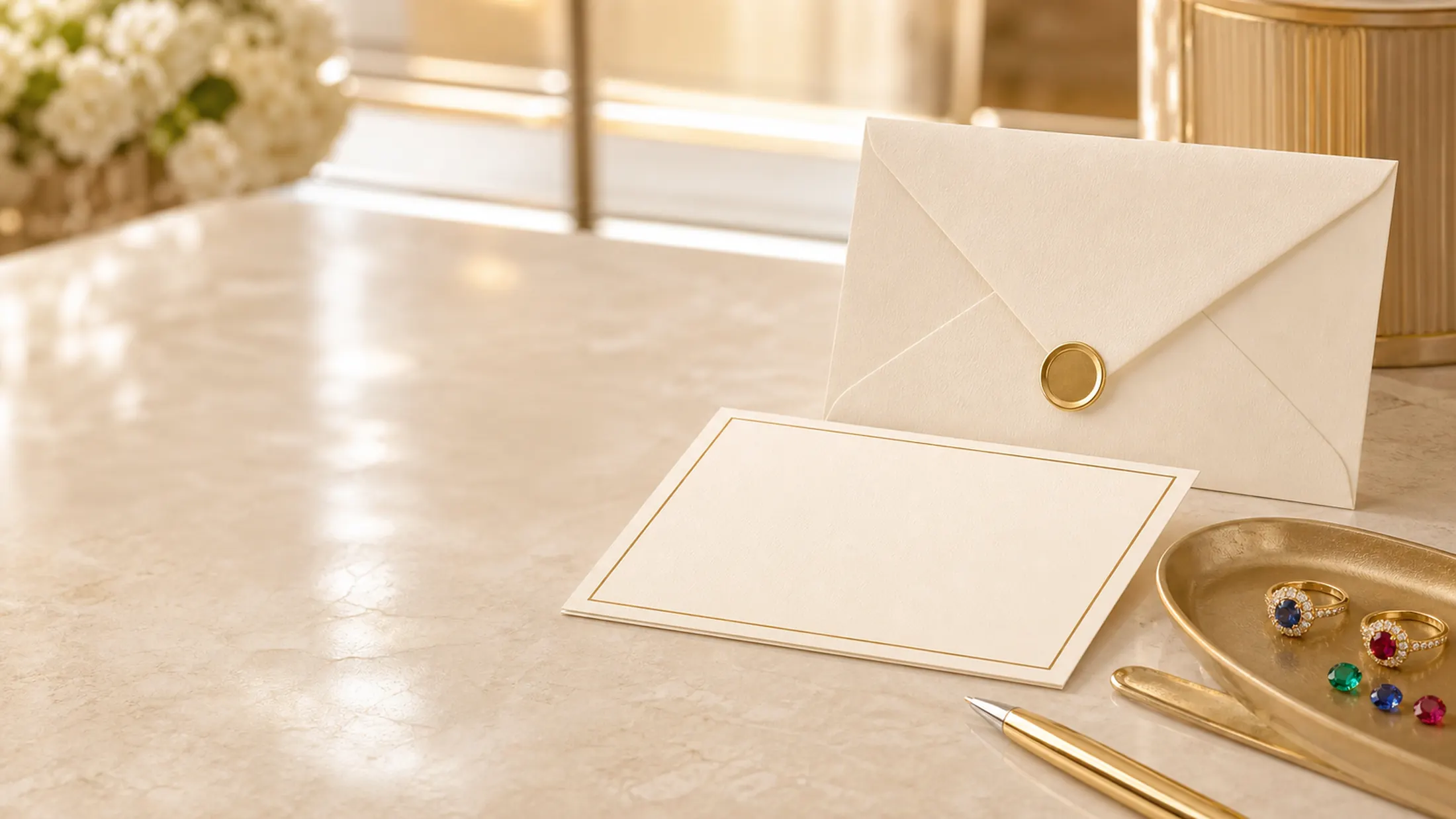 Calm maison concierge still life with stationery and a jewel tray